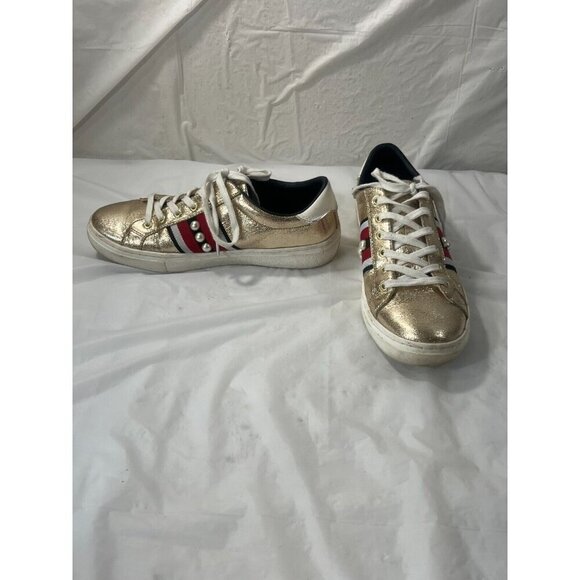 Sketchers Memory Foam Gold with Blk/Wht/Red Stripes with White Gems size 8 - Picture 2 of 12